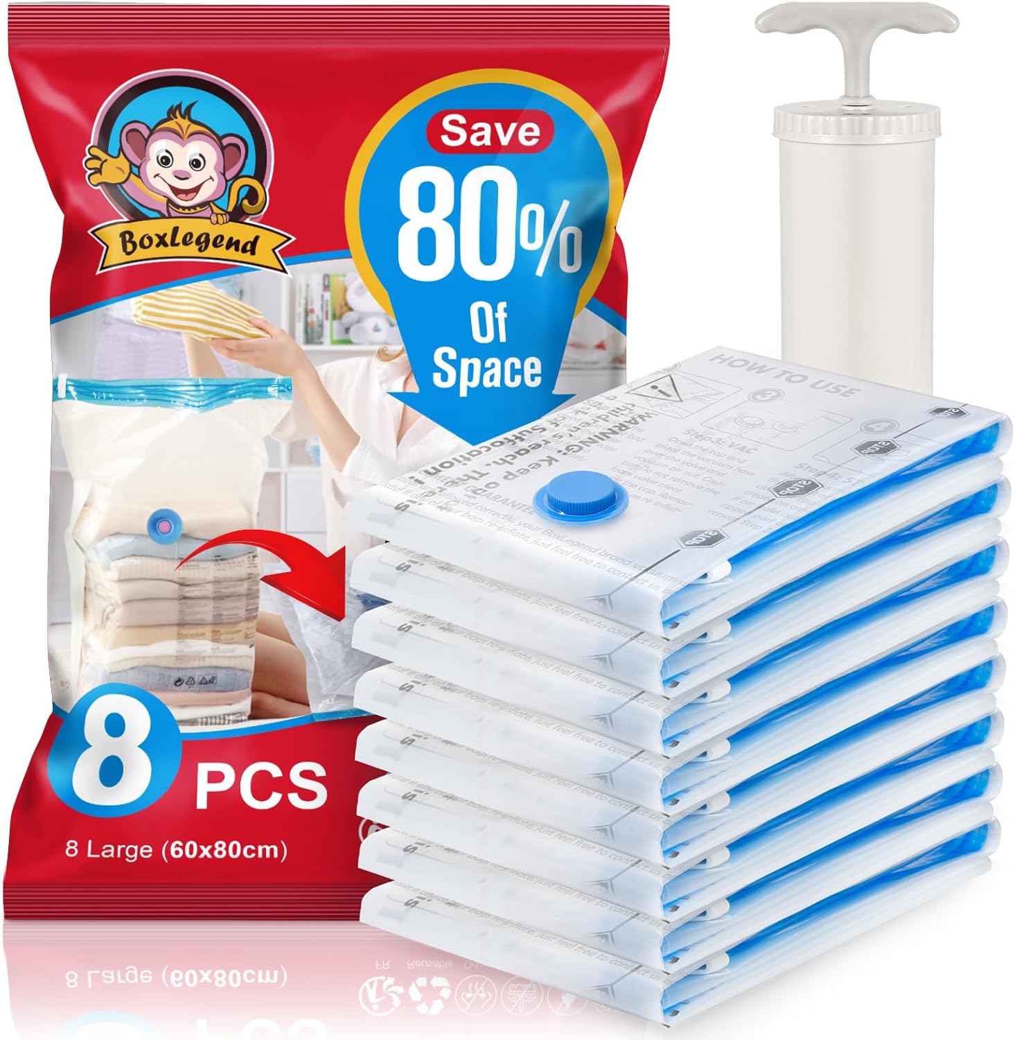 BoxLegend Vacuum Storage Bags, 8 x 80 x 60 cm, Compression Bag, Travel Cover, Vacuum, Reusable Storage for Mattresses, Clothes, Duvets, Bedding Pillows, 1 Manual Pump