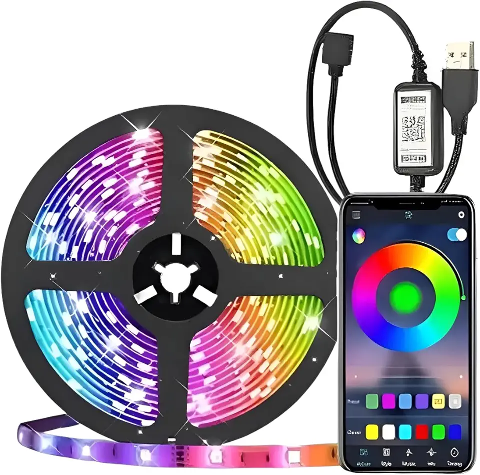 Fita LED RGB 5 Metros, USB, Colorida com Controle Bluetooth e Aplicativo para Quarto e Decoração