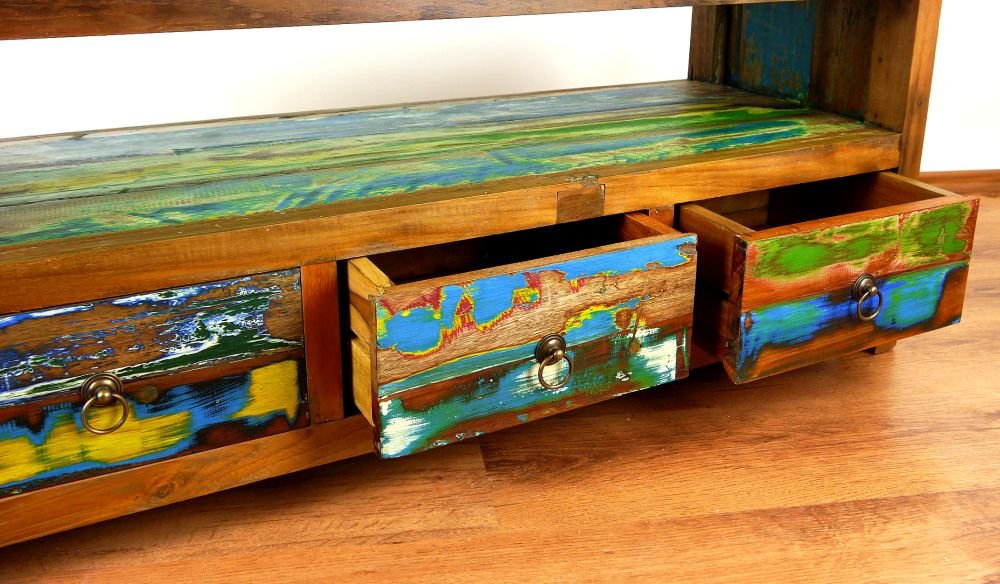 livasia Asiatisches Sideboard aus Massivholz – 110x40x50cm – Handgefertigt aus Teak Holz, Kommode aus recycelten Fischerbooten, Robust und Zeitlos, Shabby Look (Bunt)