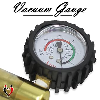 LeLuv ultima brass vacuum pump handle - gauge installed with protective rubber cover - black rubber padded handles, clear hose and mac sealing ring fitting