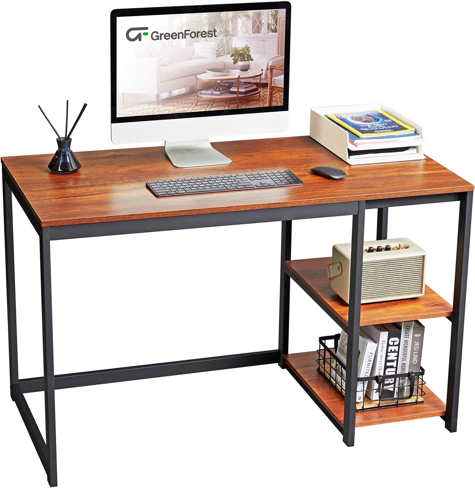 GreenForest Computer Desk 47 inch with Storage Space Home Office Work Desk with 2-Tier Shelves Modern PC Workstation Study Writing Laptop Table Gaming Desk, Walnut/Cherry