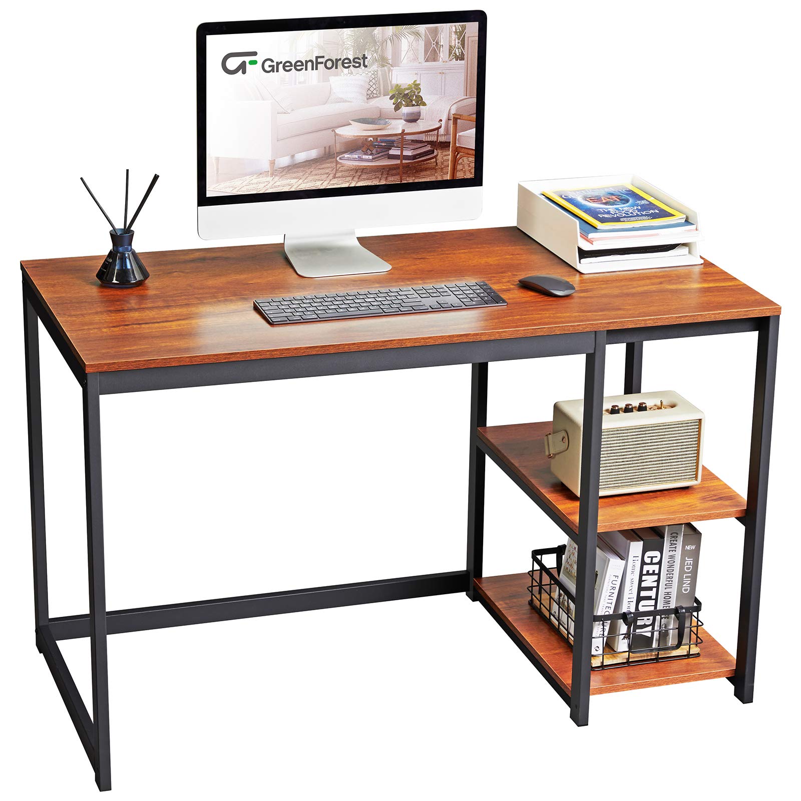 GreenForest Computer Desk 47 inch with Storage Space Home Office Work Desk with 2-Tier Shelves Modern PC Workstation Study Writing Laptop Table Gaming Desk, Walnut/Cherry