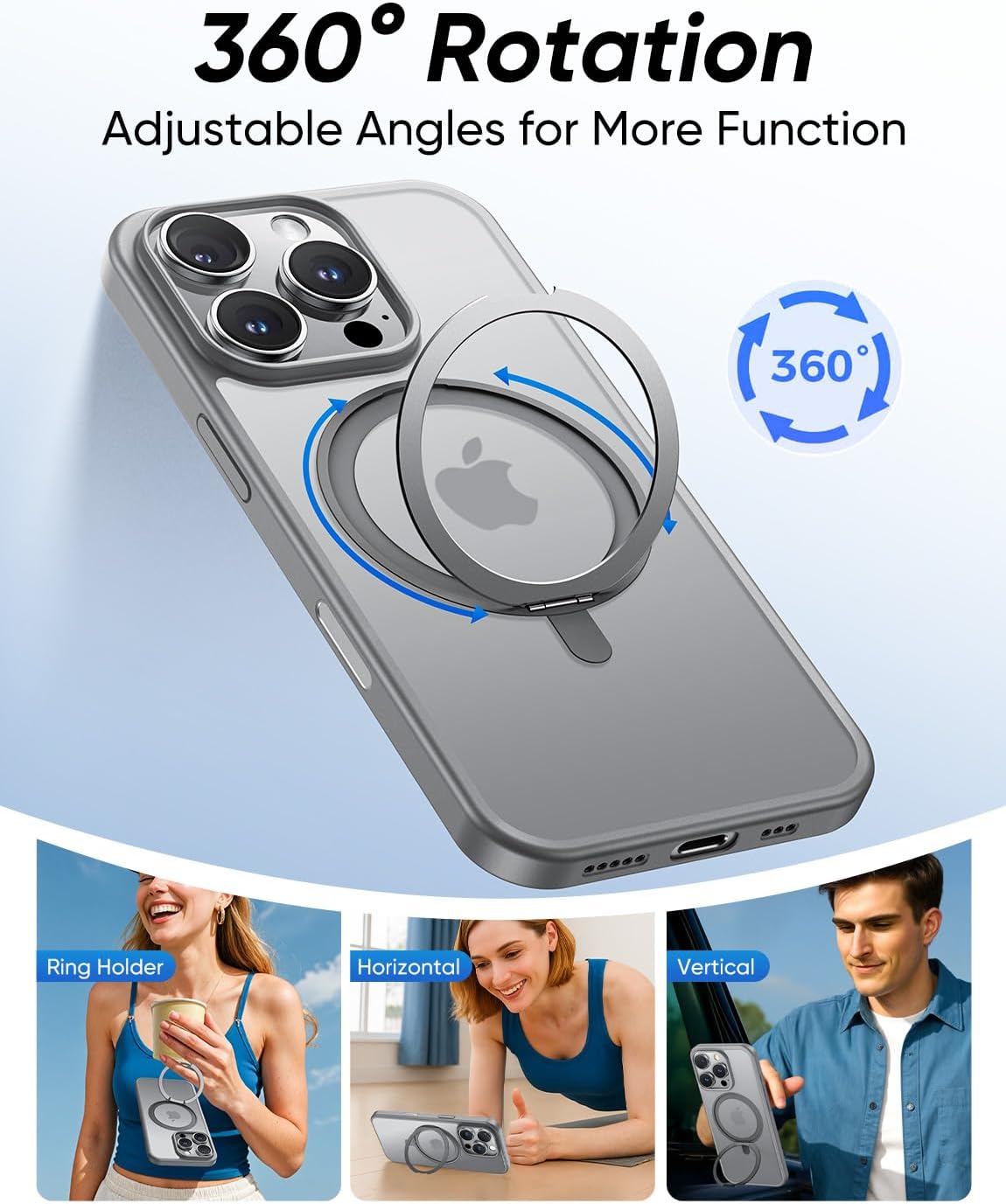 MAGIC JOHN 360° Rotatable Magnetic Invisible Stand for iPhone 16 Pro Max Case [Camera Control Button] [Compatible with MagSafe] 16FT Shockproof for iPhone 16 Pro Max Case with Kickstand, Gray - Image 2