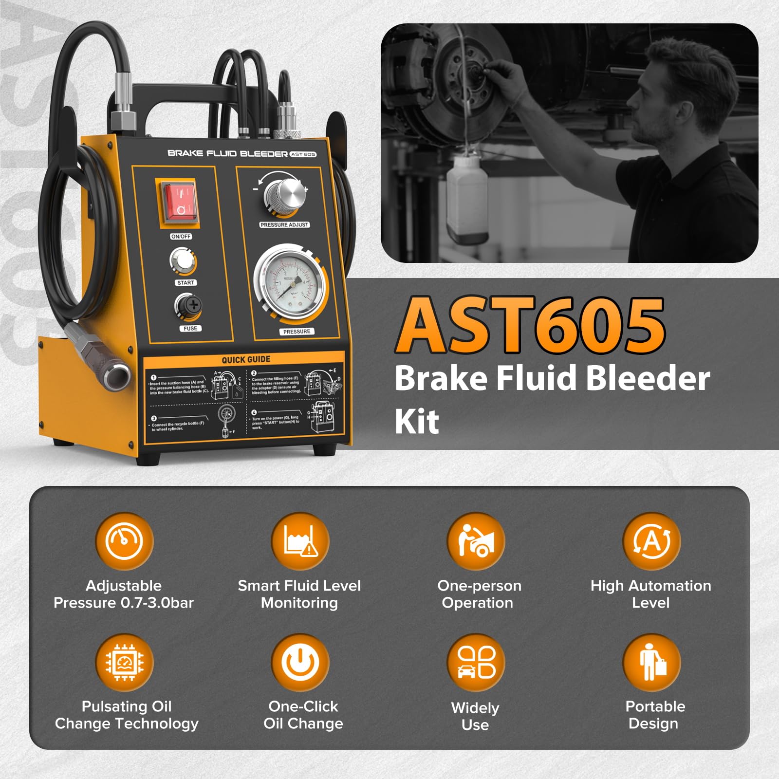 AST605 - Purgador de frenos para coche, 220 V, automático, con 20 adaptadores, 0,7 ~ 2,5 bar, presión ajustable