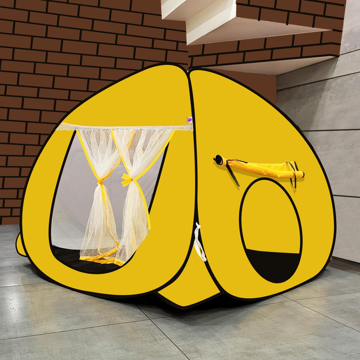 SILVER SHINE Foldable Delightful Patterns Popup Kids Play Tent House for Multi Purpose|PlayTent House for up to 10 YearOld Kids Girls&Boys|Mosquito Net Design Tent for Kids-Yellow