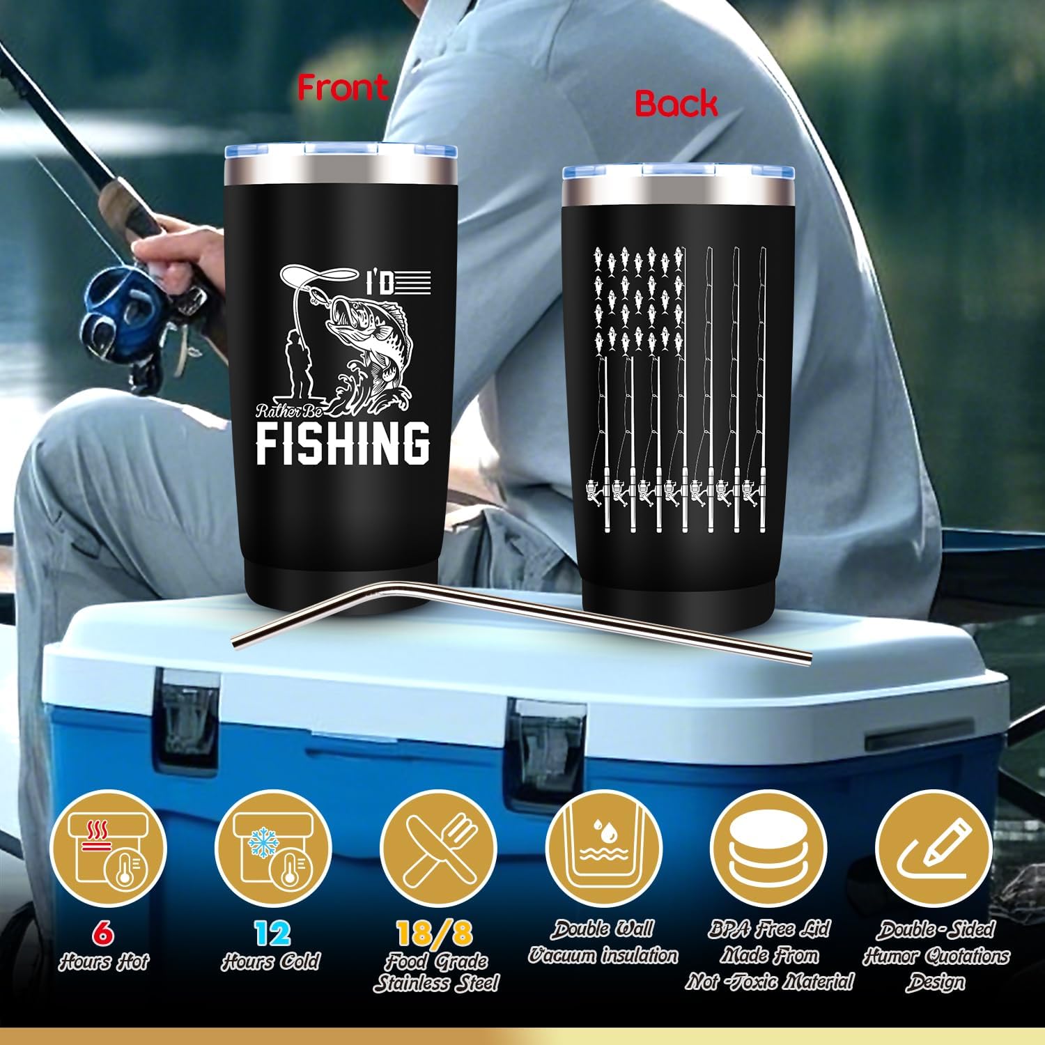 9 Pcs Fishing Gift Set for Men: 20 Oz Black Stainless Steel Insulated Tumbler, Vintage Baseball Cap, Fishing Socks, Leather Journal, Keychain & More - Image 4