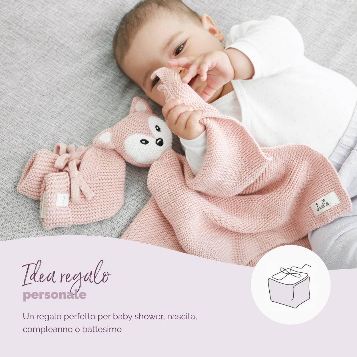 Livella Doudou Volpe con calzini - Puro cotone biologico - Copertina premium, copertina coccole, coperta a maglia - Morbidissima e traspirante - OEKOTEX® STANDARD 100 e certificata GOTS