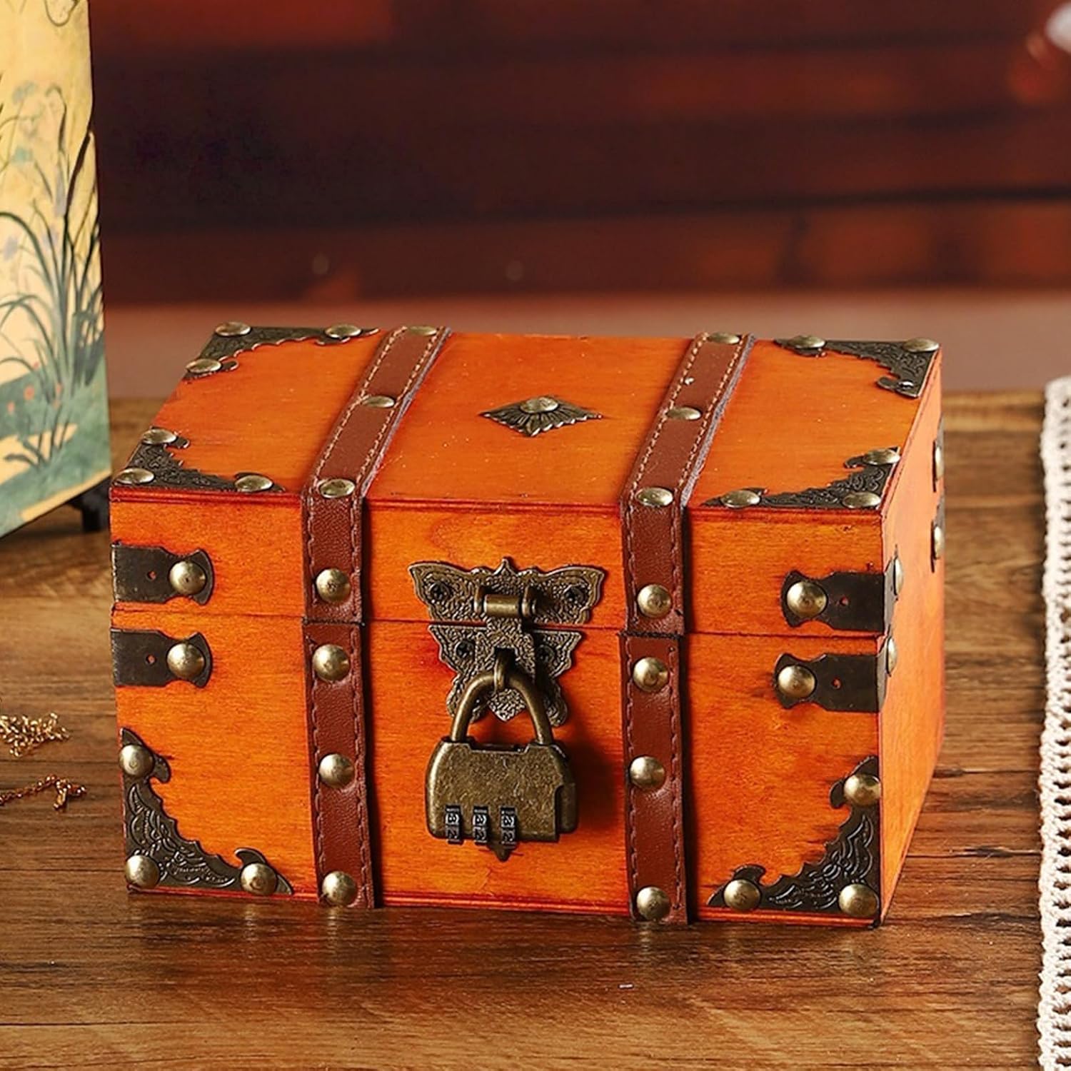 Mjaie Cultural Wooden Memory Box with Secure Code and Leather for Home Use Decorative Storage Chest with Alloy Small Jewelry Chest Antique Vintage