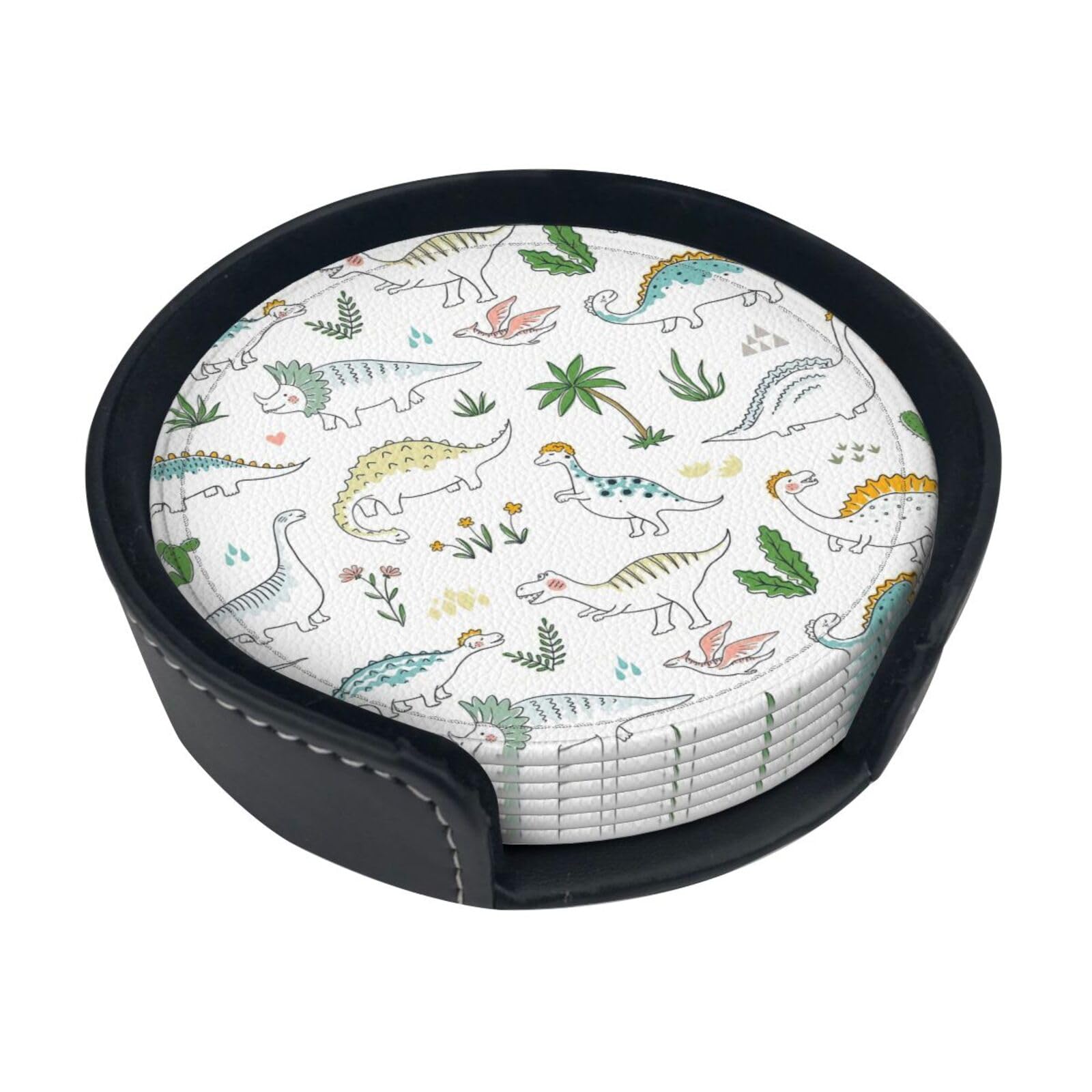 Dinosaur Walking Print Round Coasters Set Of 6,Coaster For Tabletop Protection Home Bar Decor