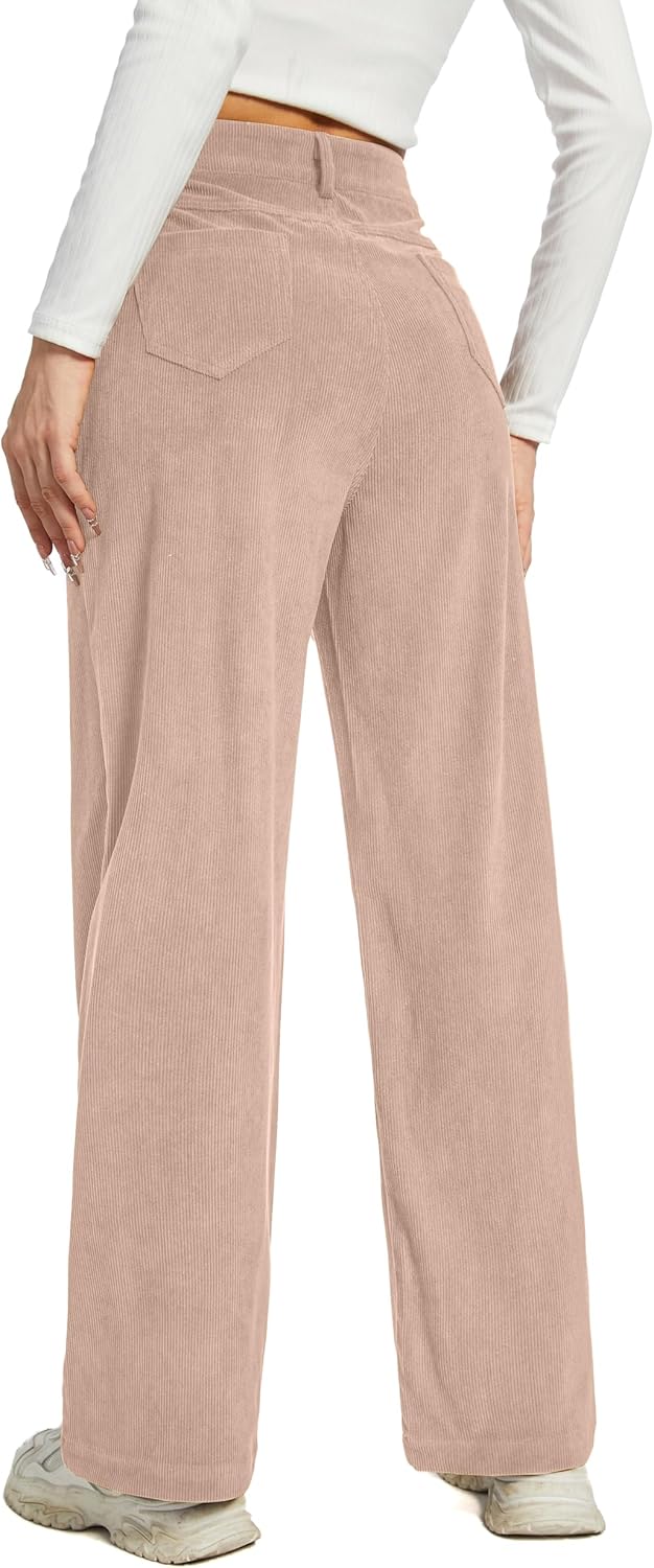 Women's Corduroy Loose Mid Rise Pant Casual Fall Straight Leg Elastic Waist Pants with Pockets - Image 6