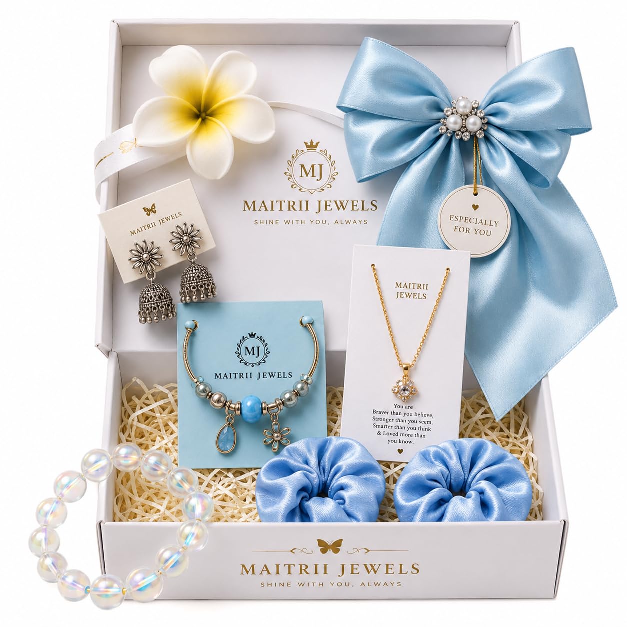 Premium Jewelry Gift Hamper for Women & Girls | Necklace, Earrings, Crystal Bracelet, Hair Bow & Scrunchies | Birthday, Diwali, Raksha Bandhan & Friendship-image-10