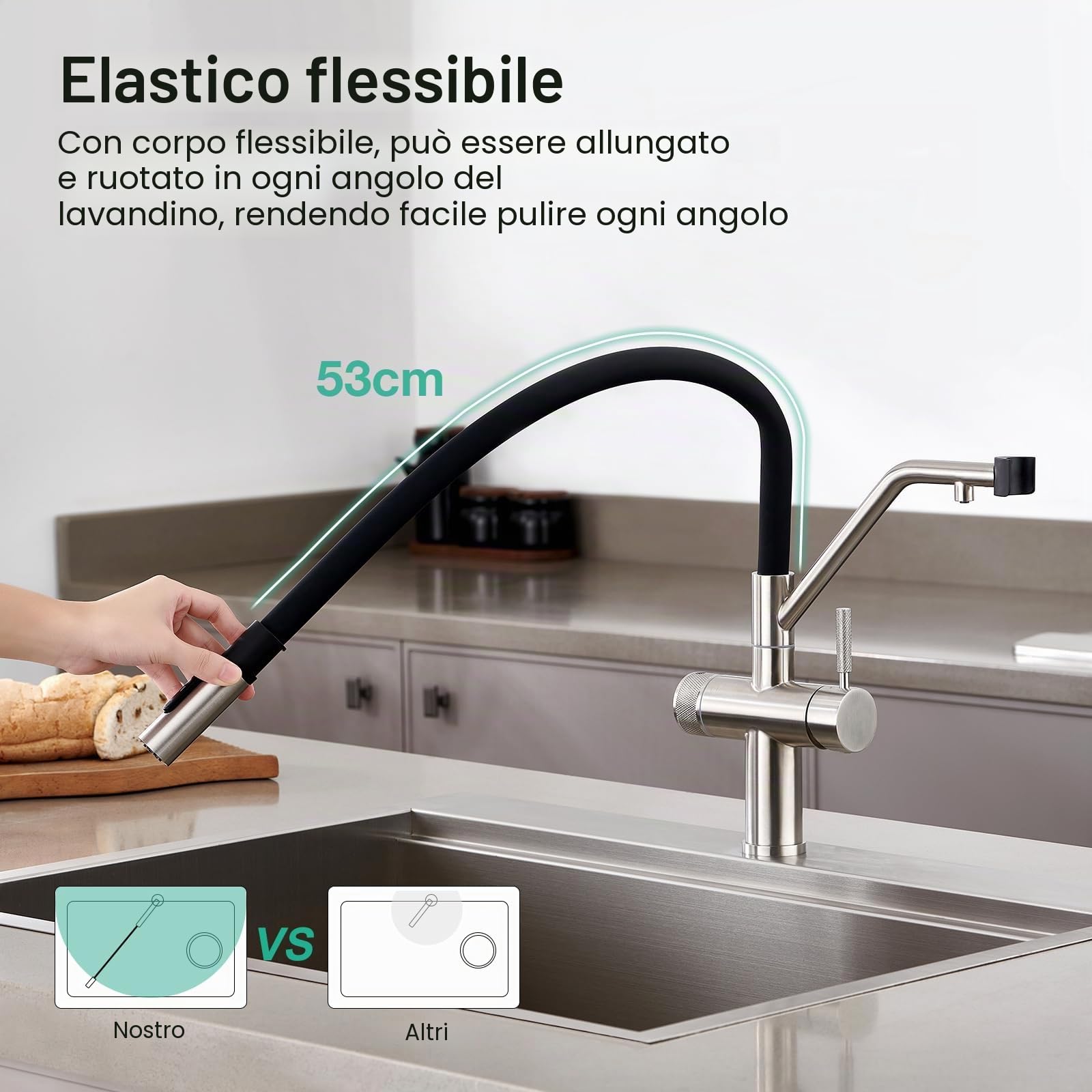 Faustina Miscelatore da cucina a 4 vie smontabile, doppia leva con sistema a osmosi per acqua potabile, rubinetto per lavello con tubo flessibile in silicone nero