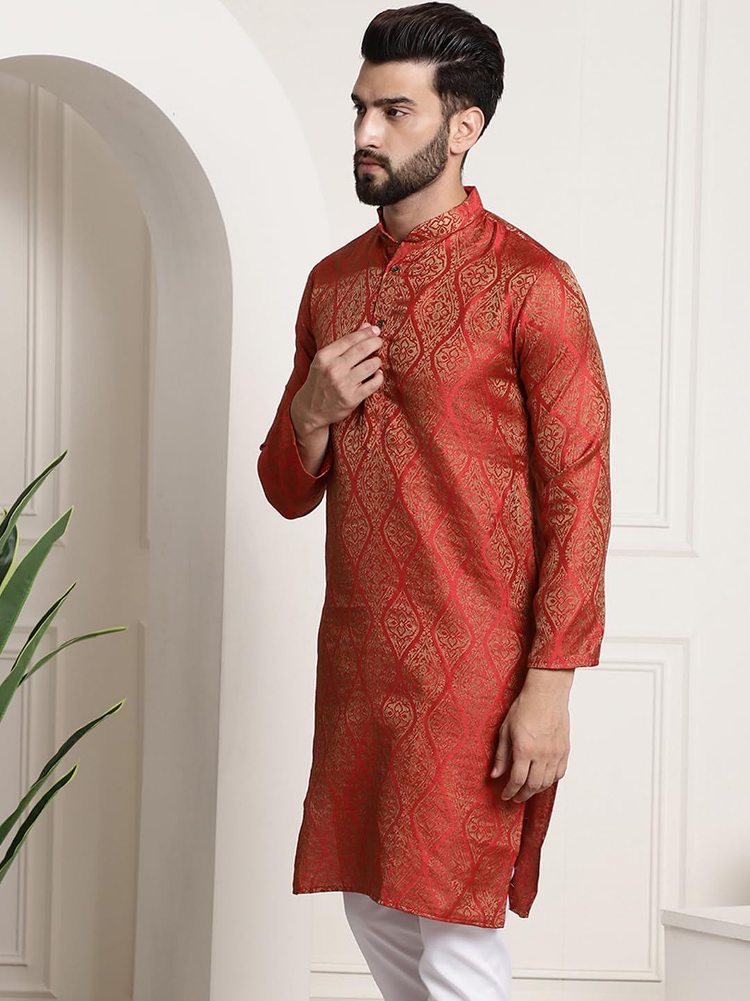 Sojanya (Since 1958 Men's Silk Blend Red Color Self Design Only Long Kurta