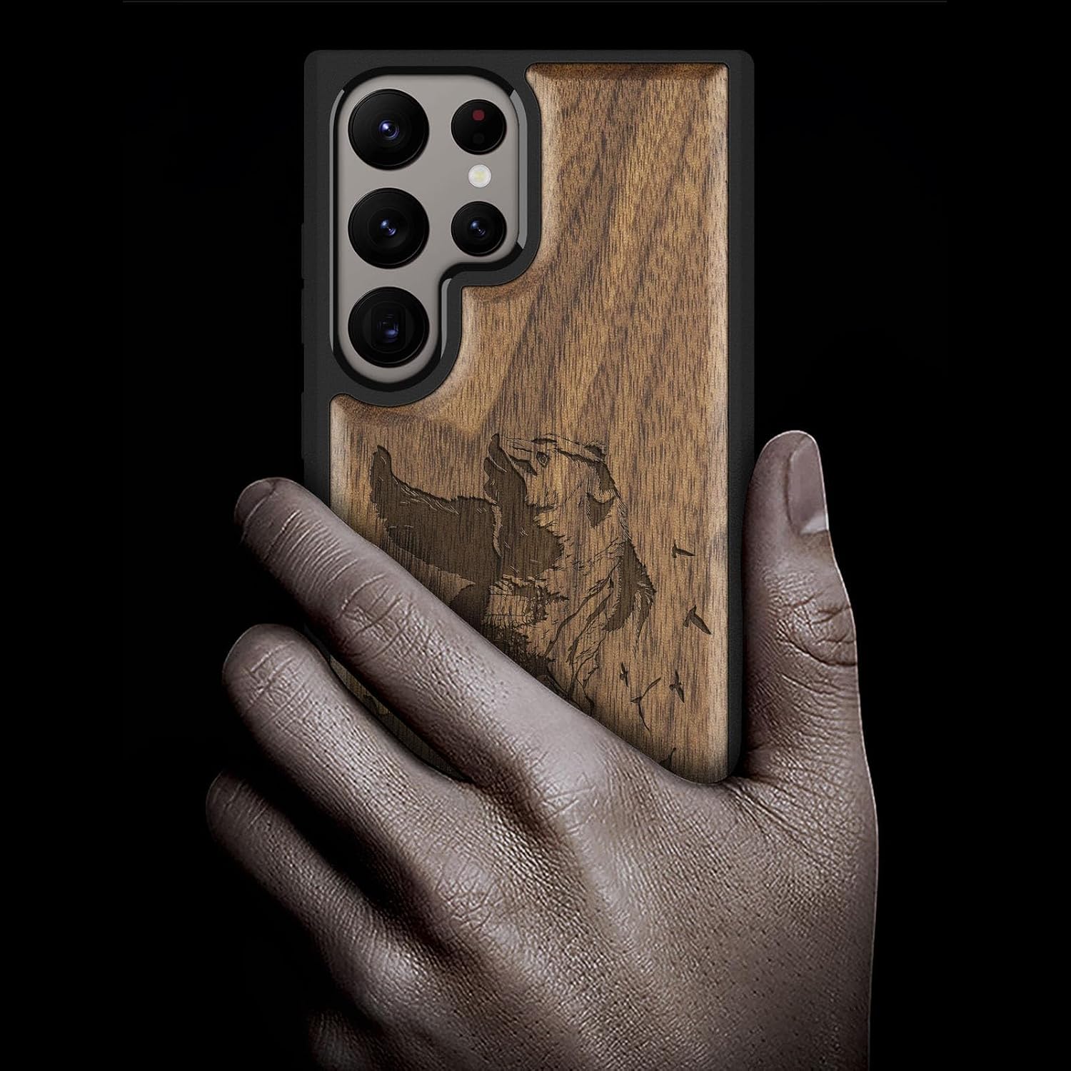 Carveit Wood Case for Galaxy S24 Ultra Case [Natural Wood & Black Soft TPU] Shockproof Protective Cover Unique Wooden Design Compatible with Samsung S24 Ultra (Bear and Valleys-Walnut)