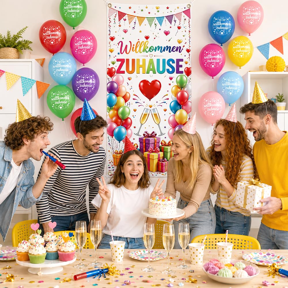 Willkommen Zuhause Deko, Willkommen Zuhause Banner185 x 90 cm,20 Stück Luftballons, Herzlich Willkommen Girlande, Welcome Home Deko, für Einweihungsfeier, Familienfeiern, Feiern Küche, Haushalt & Wohnen