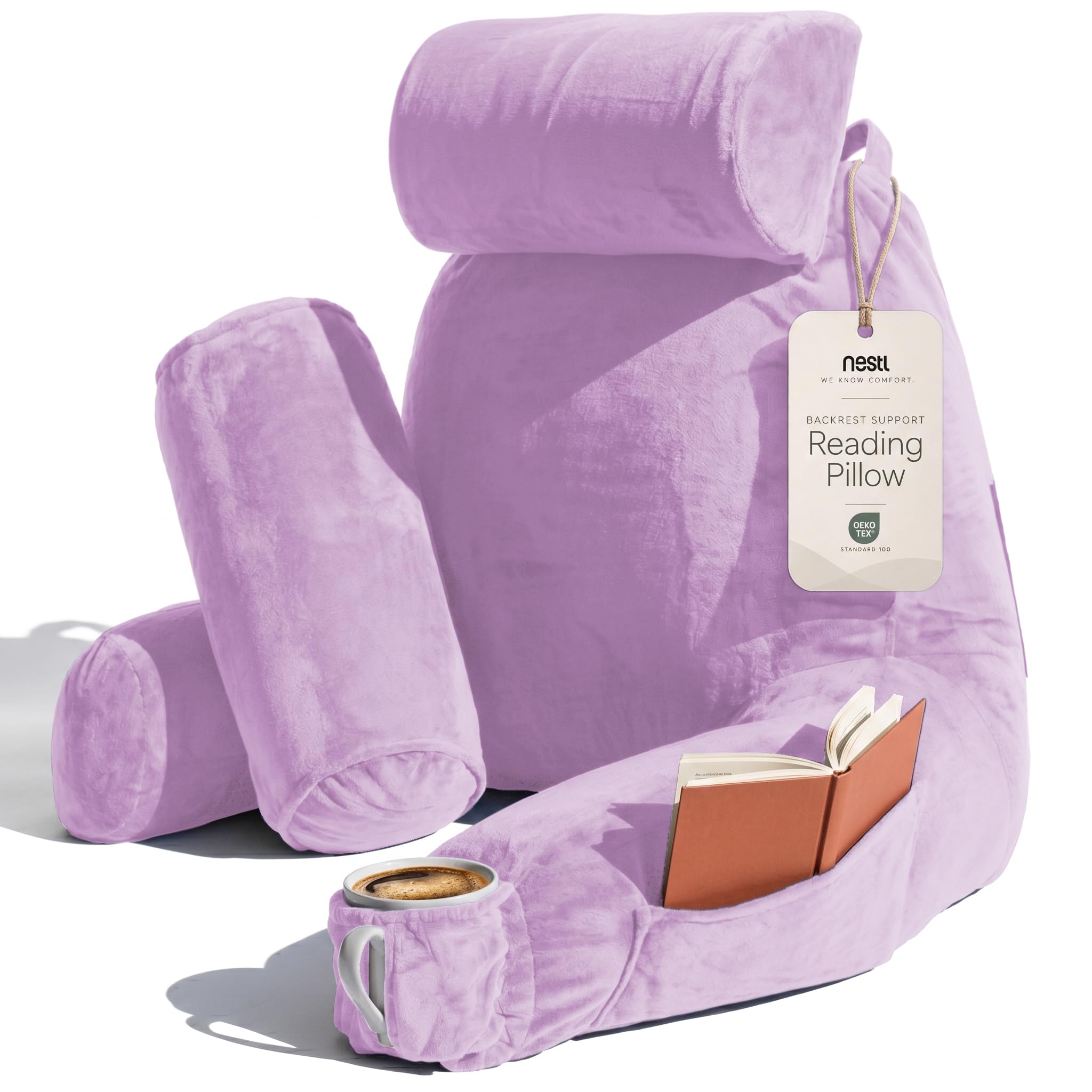 Nestl Reading Pillow with Shredded Memory Foam Includes 2 Neck and Lumber Support Pillows, Designed for Sitting Up in Bed and Couch, Back and Arms Adjustable Support for Adult &amp; Teens, Lavender