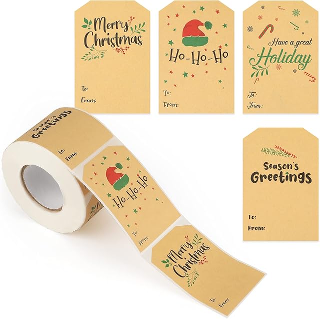jijAcraft 300PCS Merry Christmas Labels Stickers, Self-Adhesive Stickers Gift Tags Holiday Present Stickers, 7.5*5CM, Brown