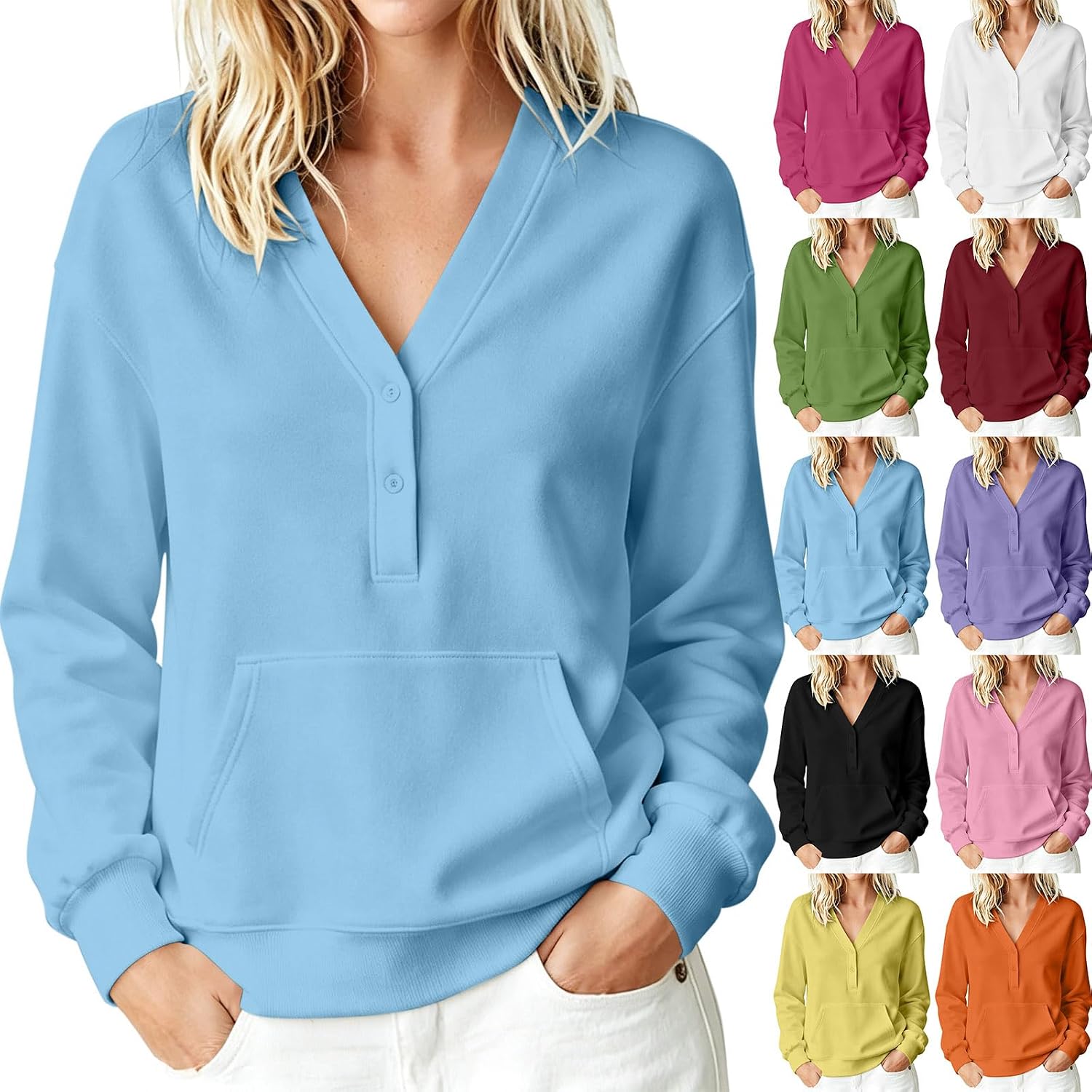 Sweatshirt for Women V Neck Button Up Long Sleeve Pullover with Pocket