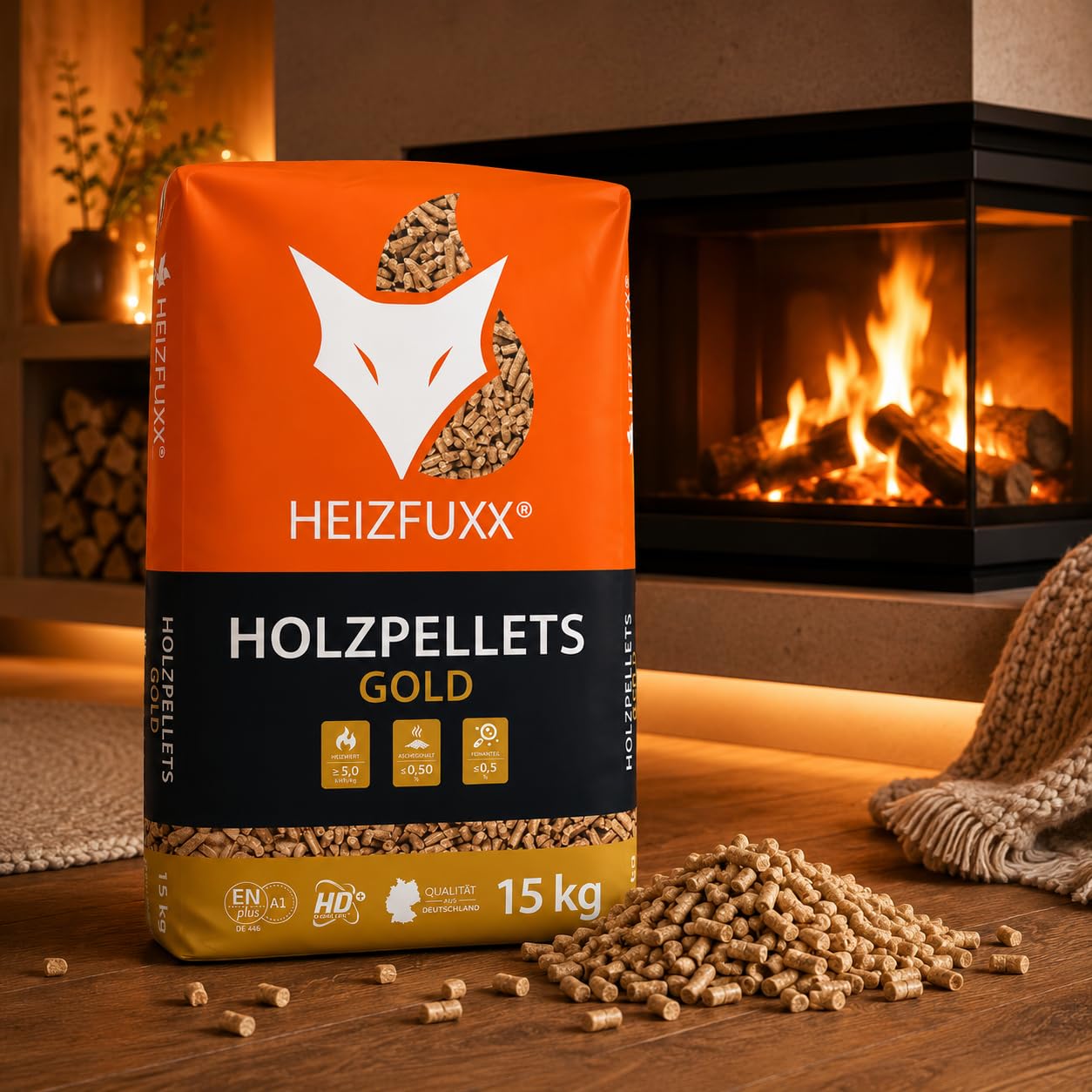 HEIZFUXX Gold ENplus A1 HD-Qualität Holzpellets Nadelholz 300 kg (20 x 15 kg) 1 Palette