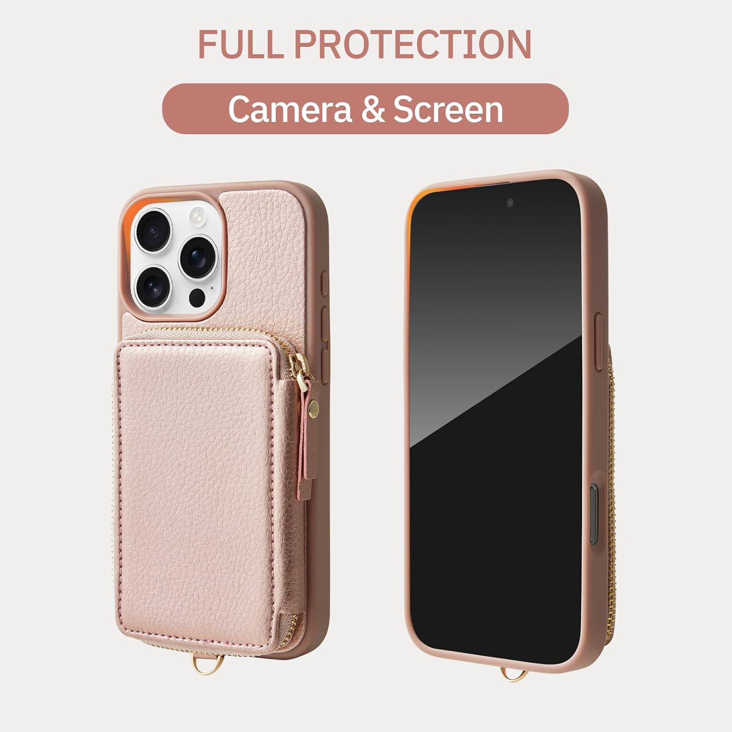 ZVE Compatible with iPhone 16 Pro Wallet Case with Card Holder Wrist Strap, RFID Blocking Zipper Leather Cover for Women for iPhone 16 Pro, 6.3" -Rose Gold