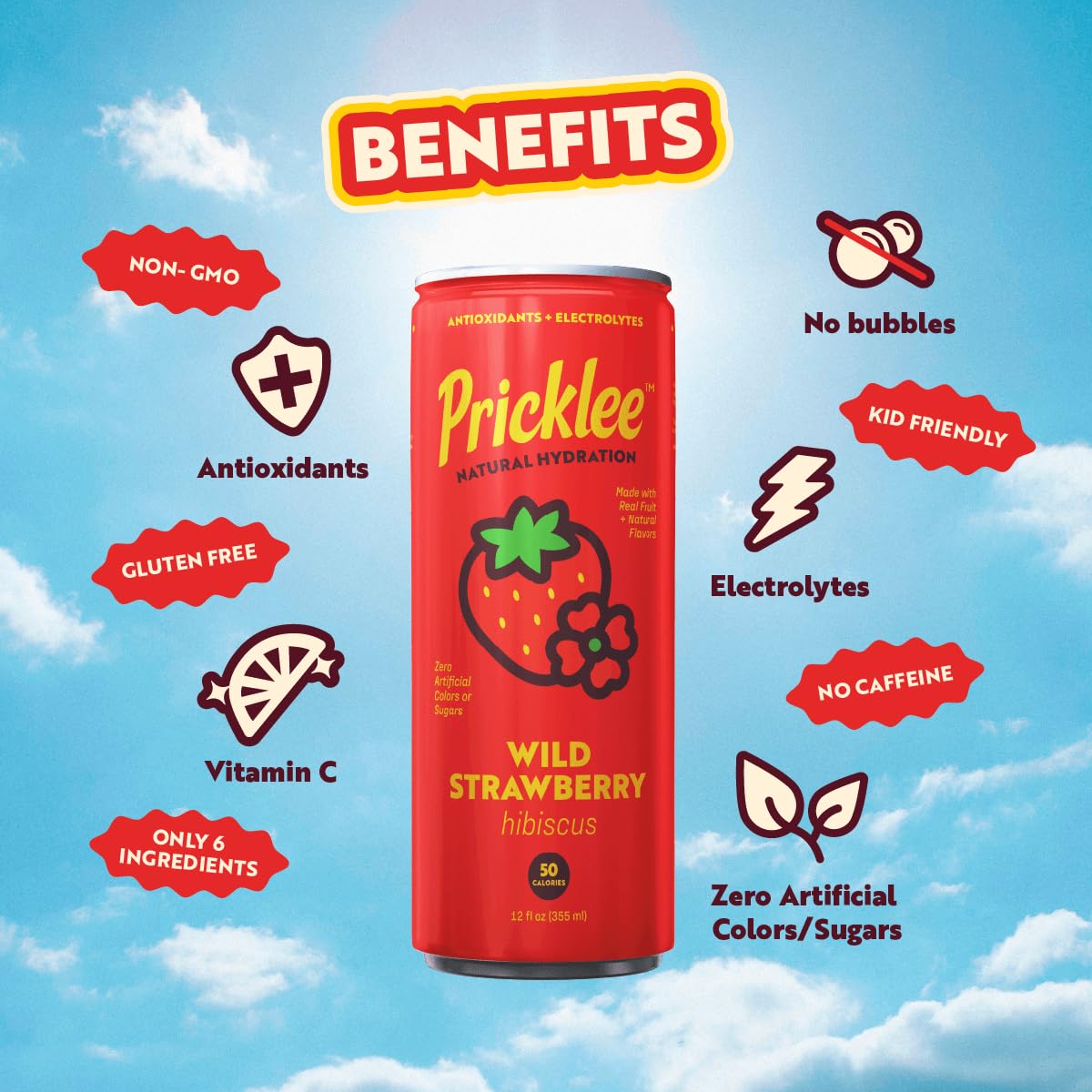 Pricklee Natural Hydration Drink – Wild Strawberry Hibiscus – Electrolytes + Antioxidants, Low Sugar, No Artificial Sweeteners – Non-Carbonated, Caffeine-Free – Cactus Water-Based (12 oz cans, 12 pack)
