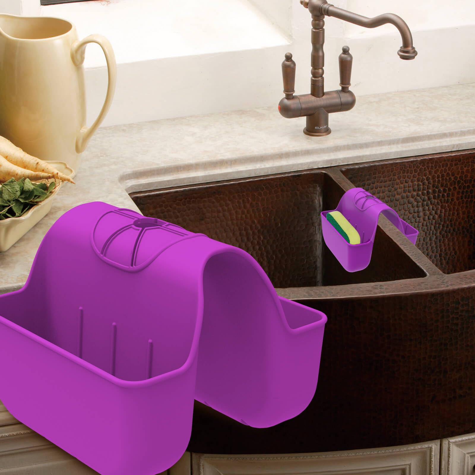 Vpasion Purple Sponge Holder For Kitchen Sink, Silicone Sink Saddle Caddy Organizer Rack, Sponges Holder Over Faucet, Hanging Kitchen Organizer Accessories Rack Basket