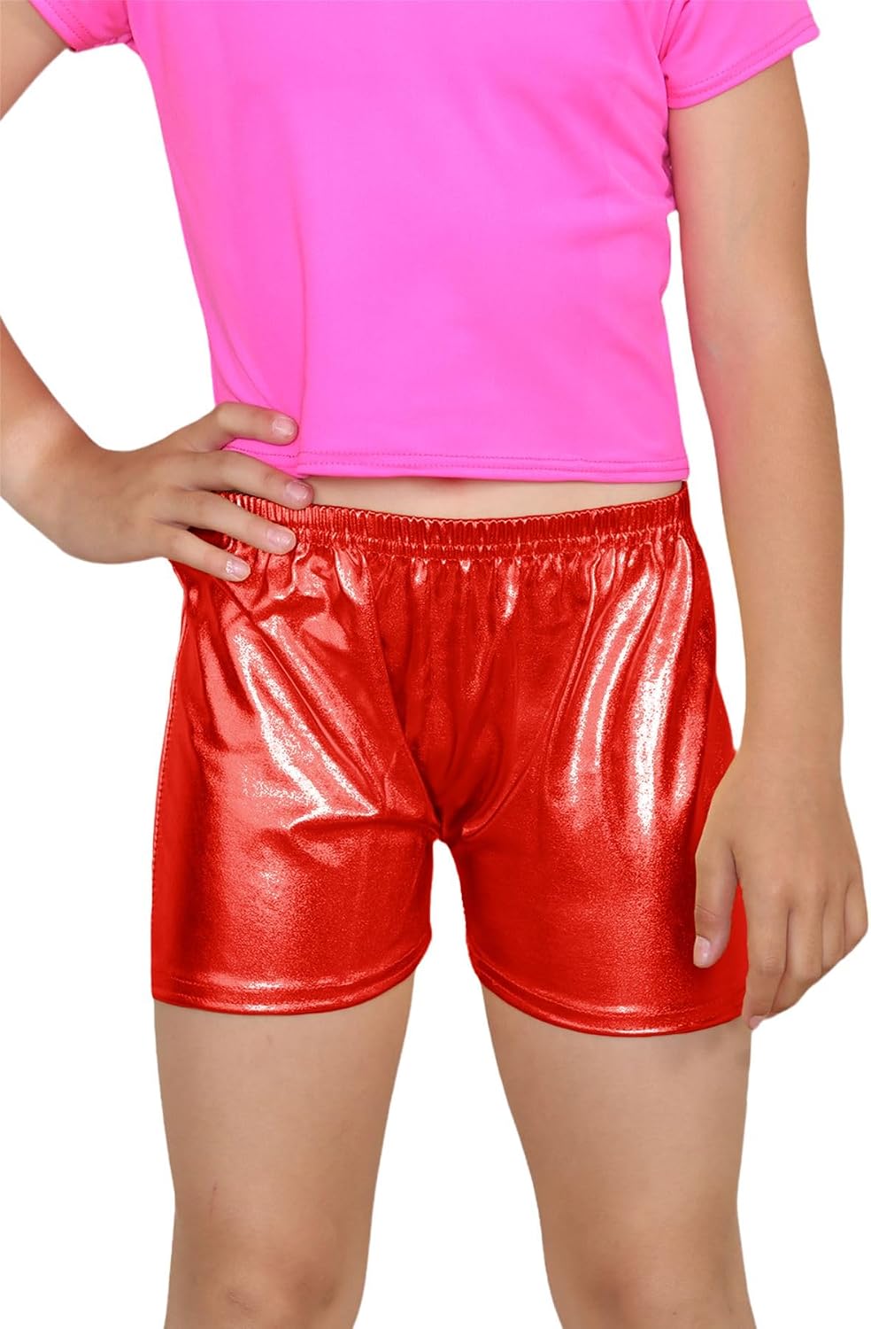Girls Mettalic Hot Pants Kids Plain Dance Wetlook Shiny Plain Party Disco Shorts