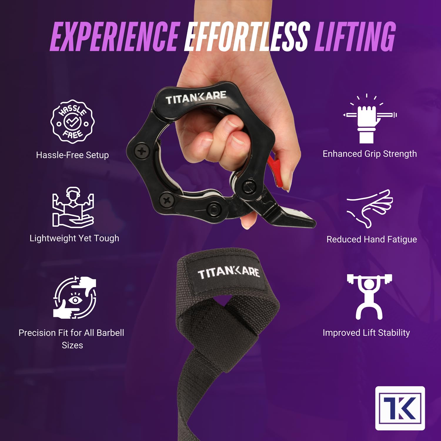 TITANKARE Olympic Barbell Clips Combo, 2 Inch Barbell Clamps and Wrist Support Straps, Gym Barbell Bar Accessories - Image 3