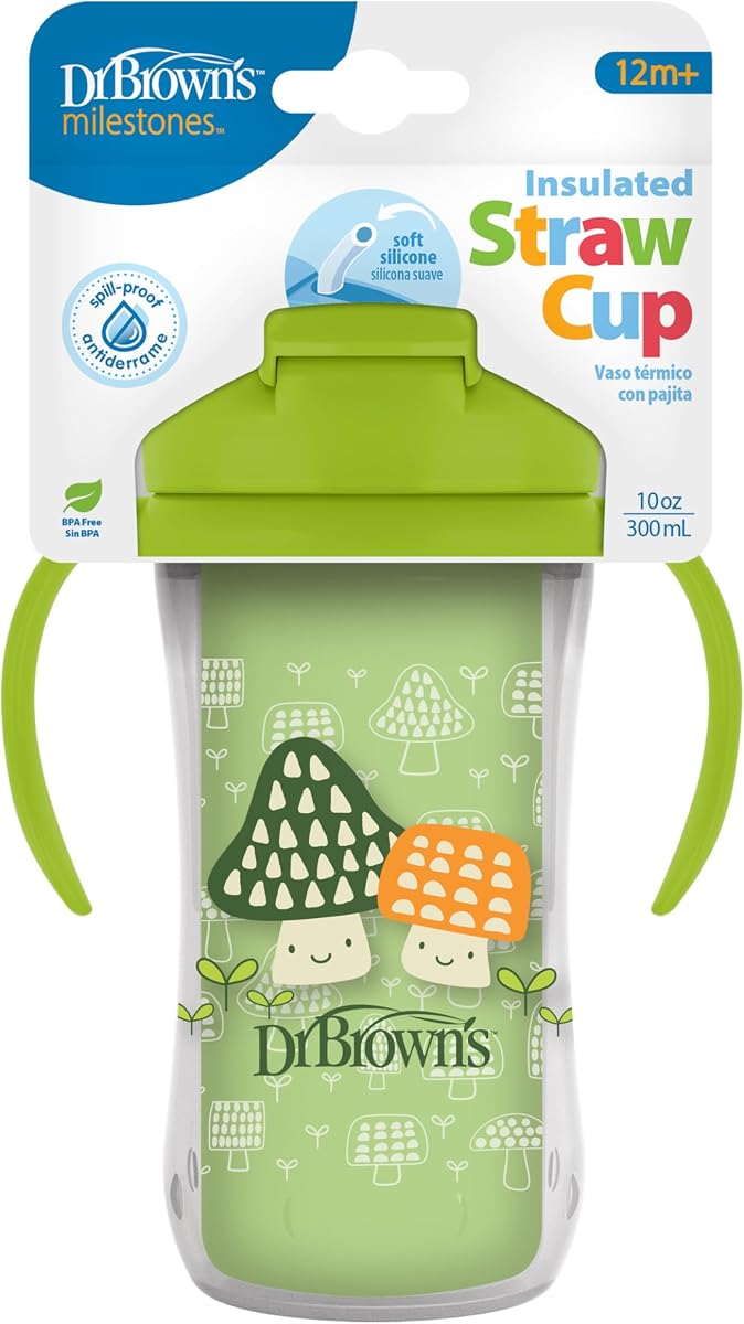 Dr. Brown’s Milestones Insulated Sippy Cup with Straw and Handles, Green Mushrooms, Spill-Proof Tumbler with Lid, 10 oz/300 mL, BPA Free, 12m+