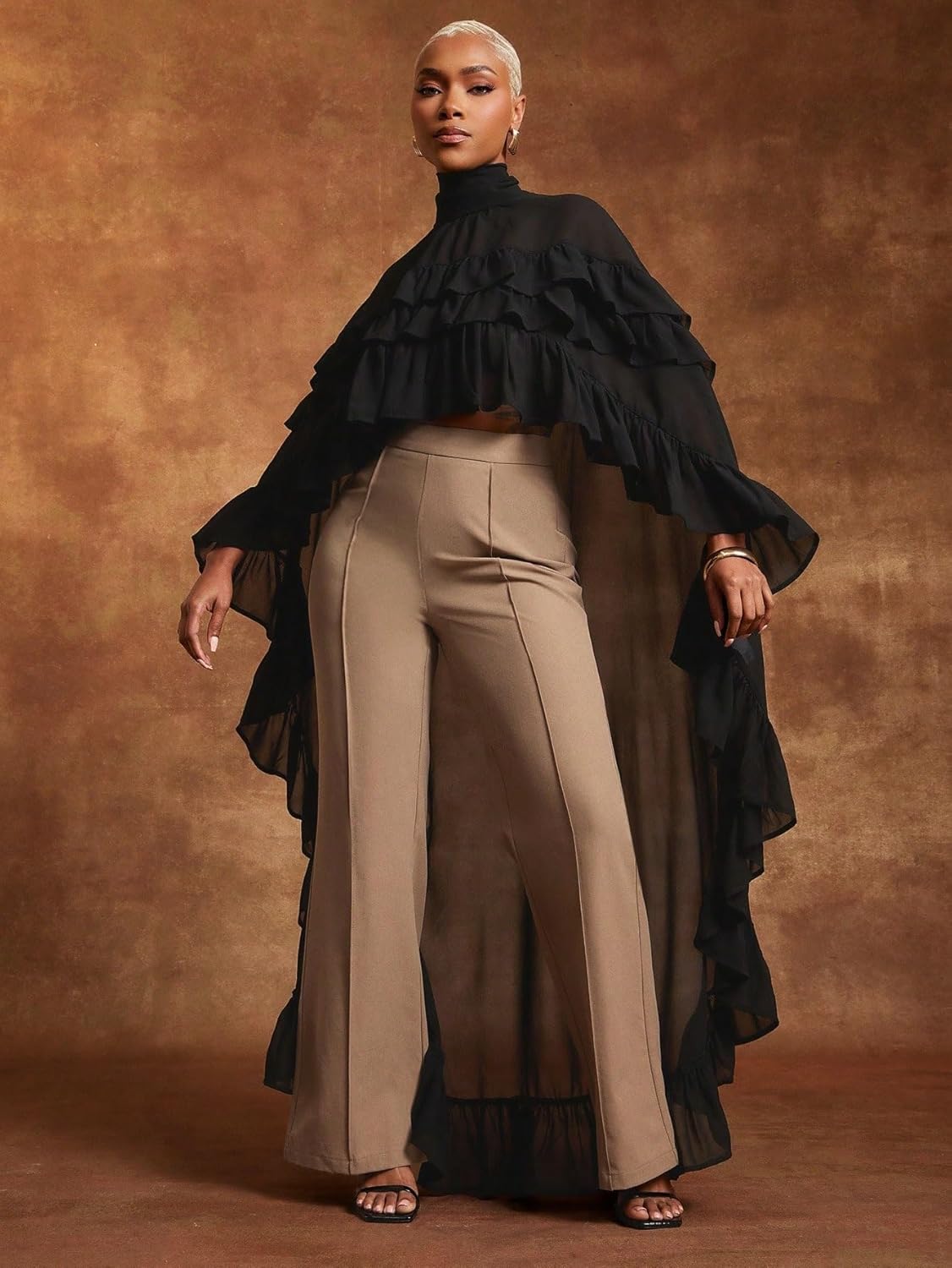 Womens Chiffon Ruffle Mock Neck Hi Low Hem Top cover ups for swimwear