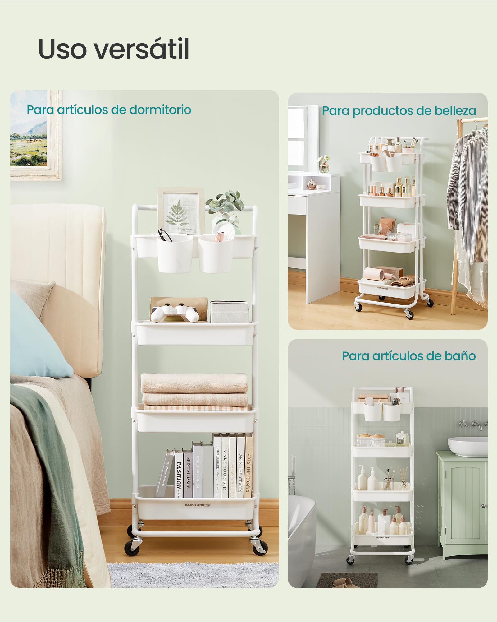 SONGMICS Carro Rodante, Caritro de Almacenamiento de 4 Niveles, con Mango, 2 Organizadores Pequeños, Marco de Acero, Cestas de Plástico, para Dormitorio, Lavadero Baño, Blanco BSC077WZ01