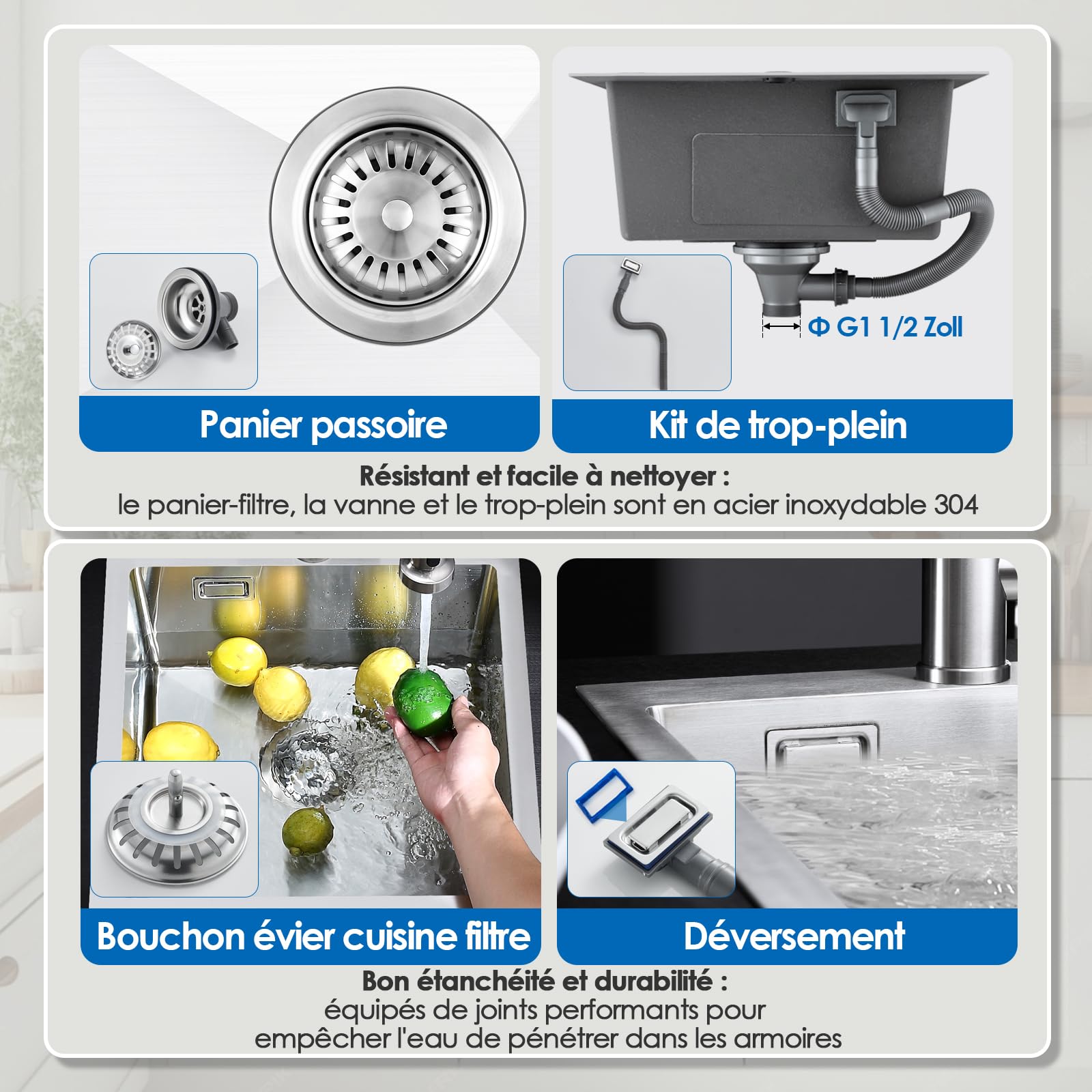 ROVOGO 50 x 38 cm Evier Cuisine en 304 Acier Inox, Kit de Vidage d'évier de Cuisine avec Trop-plein, Évier de Cuisine avec Trous pour Robinet, Lavabo Cuisine 1 Bac Brossée