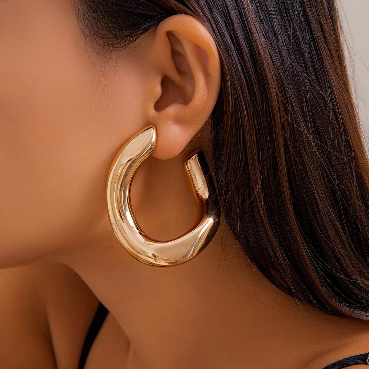 14K Gold Chunky Open Hoop Earrings, Gold-Tone, Curved Design, Statement Fashion Jewelry - Image 4
