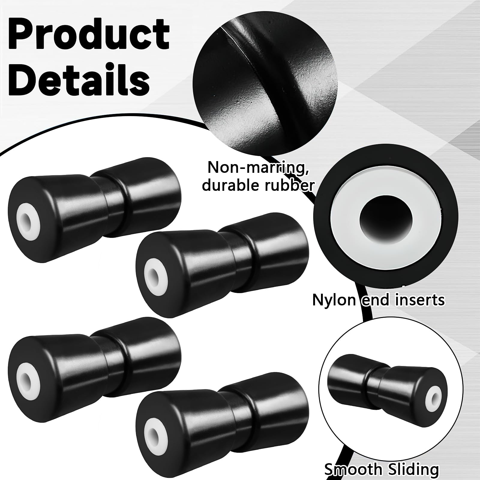 LYCN 4 Stück Schwerlast Bootstrailer Rollen, 19 cm Bootstrailer Kielrollen aus Gummi, Bugrollen für Bootsanhänger, Ersatzteile Trailerrollen Zubehör (Schwarz)