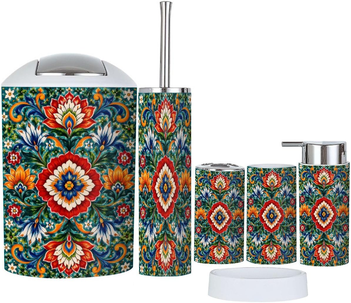 Bathroom Accessories Set 6 piece Ornate Floral Mandala Plastic shatterproof Vanity Organization countertop Decor for Home, Apartment, Dorm