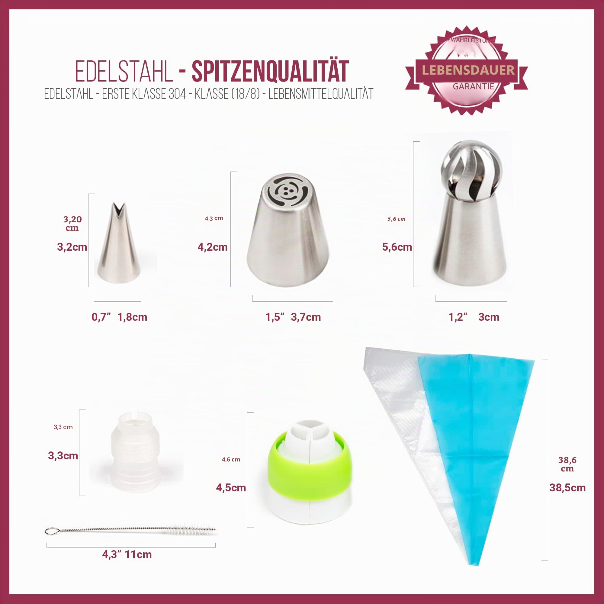 92 tlg Russische Spritztüllen Set Profi aus Edelstahl für Torten Dekoration: 65 Große-Blumen-Tüllen, 20 Einwegspritzbeutel, Silikon-Beutel, 4 Adapter & Geschenk-Box – plus Handbuch