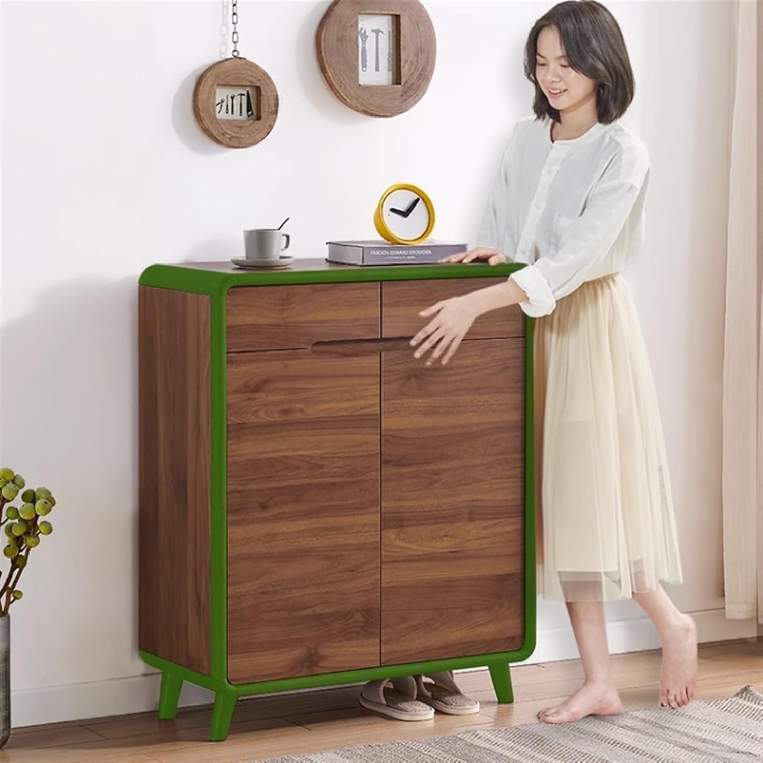 Shoe Rack Shoe Storage Cabinet with Door and Drawer, Sturdy Entryway Shoe Cabinet with Solid Wood Frame, Freestanding Shoe Organizer Shoe Organizer (Color : Walnut Color, Size : 140x37