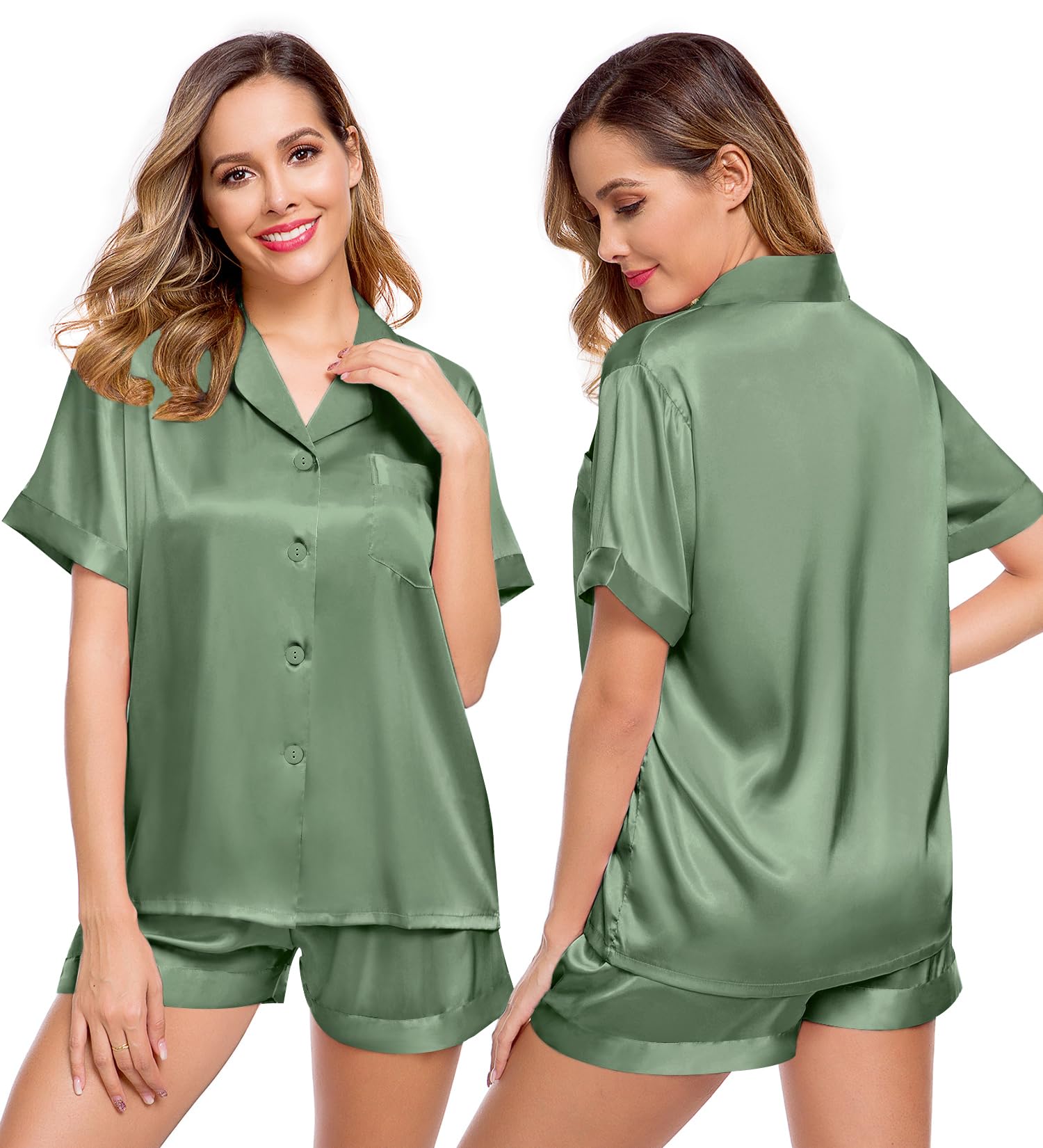 LecGee Womens Silk Satin Pajamas Short Sleeve Loungewear Two-Piece Sleepwear Button-Down Pj Set