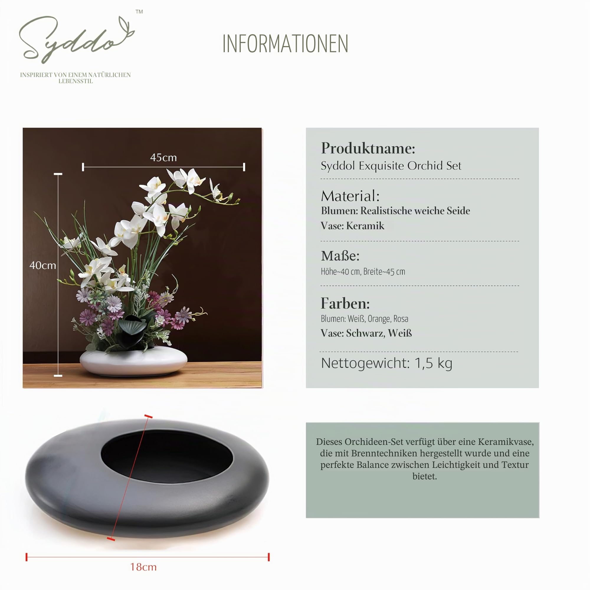 SYDDOL 45CM Künstliche Orchideen im Topf, dekorativer Orchideen-Bonsai mit Real-Touch-Technologie, künstliche/falsche Orchideen, die echt Aussehen, für Tischdekorationen（Weiße Blume + Weißer Topf）