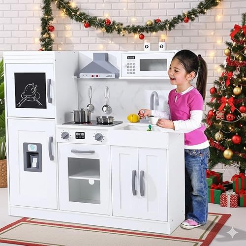 CABIHOME Juego de cocina de madera con accesorios de utensilios de cocina, luces reales y sonidos, incluye microondas, horno, fregadero, cocina de