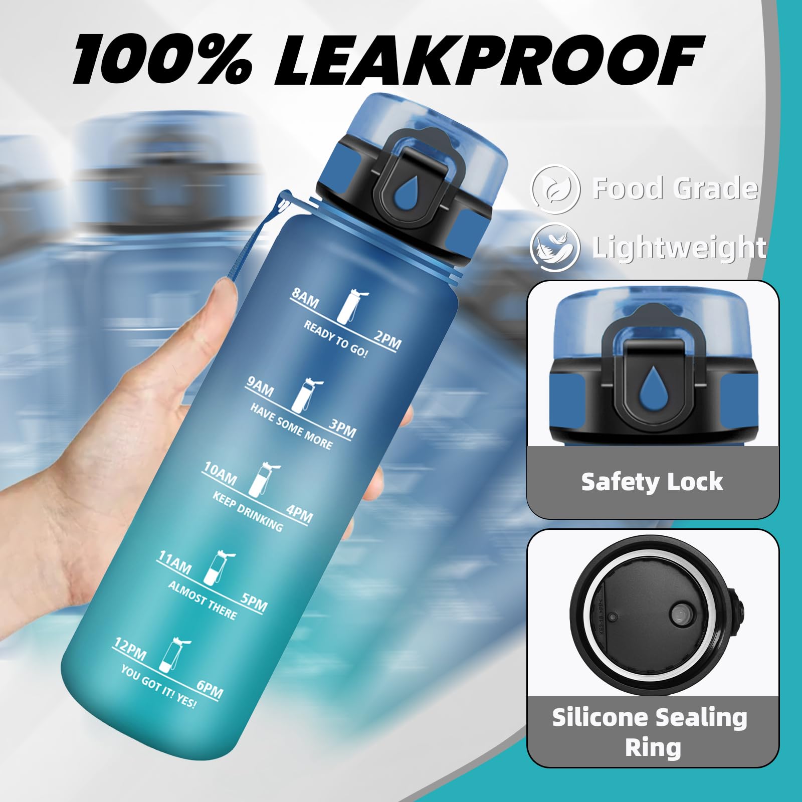 Grsta Borraccia 1 litro, Borraccia Palestra, Boraccia Senza Perdite, Facile da Pulire, Boraccia Motivazionale, Bottiglia Con Orari Per Bere, Facile da Trasportare, per Fitness, Scuola, Viaggio