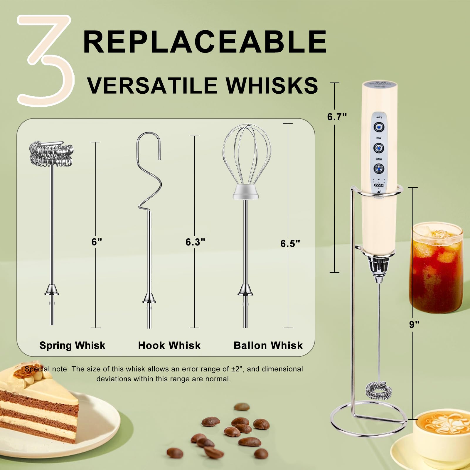 YUSWKO Varita espumadora de leche de mano beige con soporte para café, batidor eléctrico recargable con 3 cabezales, 3 velocidades, mezclador de bebidas, espumador de café para latte, capuchino