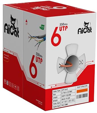 AiCat Cat6 Ethernet Cable 500ft - 23 AWG, CMR, ETL, Insulated Solid Bare Copper Wire Cat 6 Cable with Noise Reducing Cross Separator - 550MHZ / 10 Gigabit Speed PoE++ Unshielded UTP LAN CableOrange