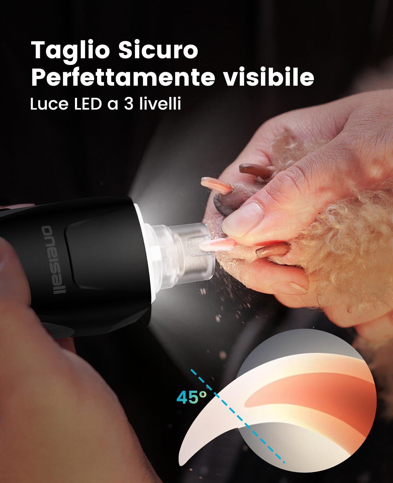 oneisall Lima Unghie Cani NG02 | Professionale, Luce LED a 360°, 6 velocità fino a 12000RPM, Silenzioso 40 dB, Adatto a cani di taglia grande, media