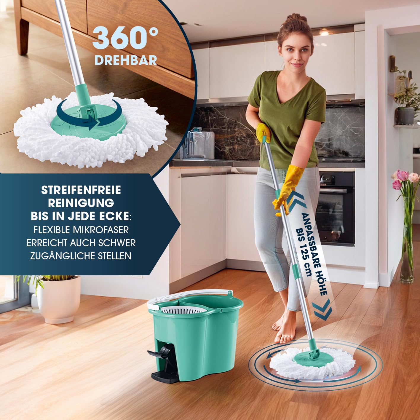 CLEANmaxx Power-Wischmopp mit Zwei-Kammer-Filtersystem | Designed in Deutschland - Schmutzwasser wird gefiltert, leichtes Auswringen für streifenfreie Sauberkeit | Ideal für Laminat, Parkett & Fliesen