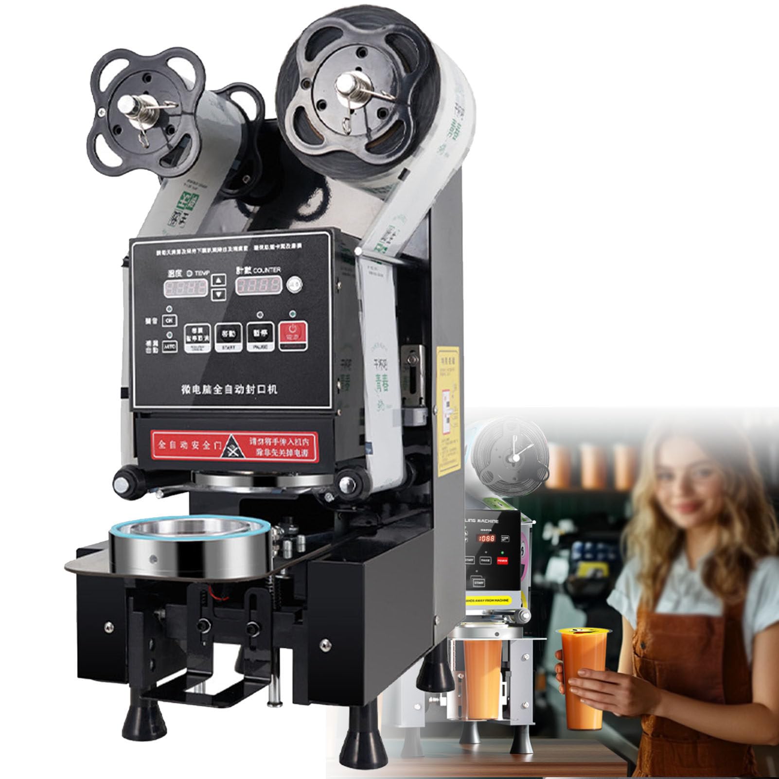 SENJINGHUA Cup Sealer Machine Commercial, Electric Sealing Automatic Machine Plastic Drink Tea Cups Bubble Cups for PP Paper Boba Milk Coffee Smoothies Milk-Tea Manual 90/95mm Diameter,Black
