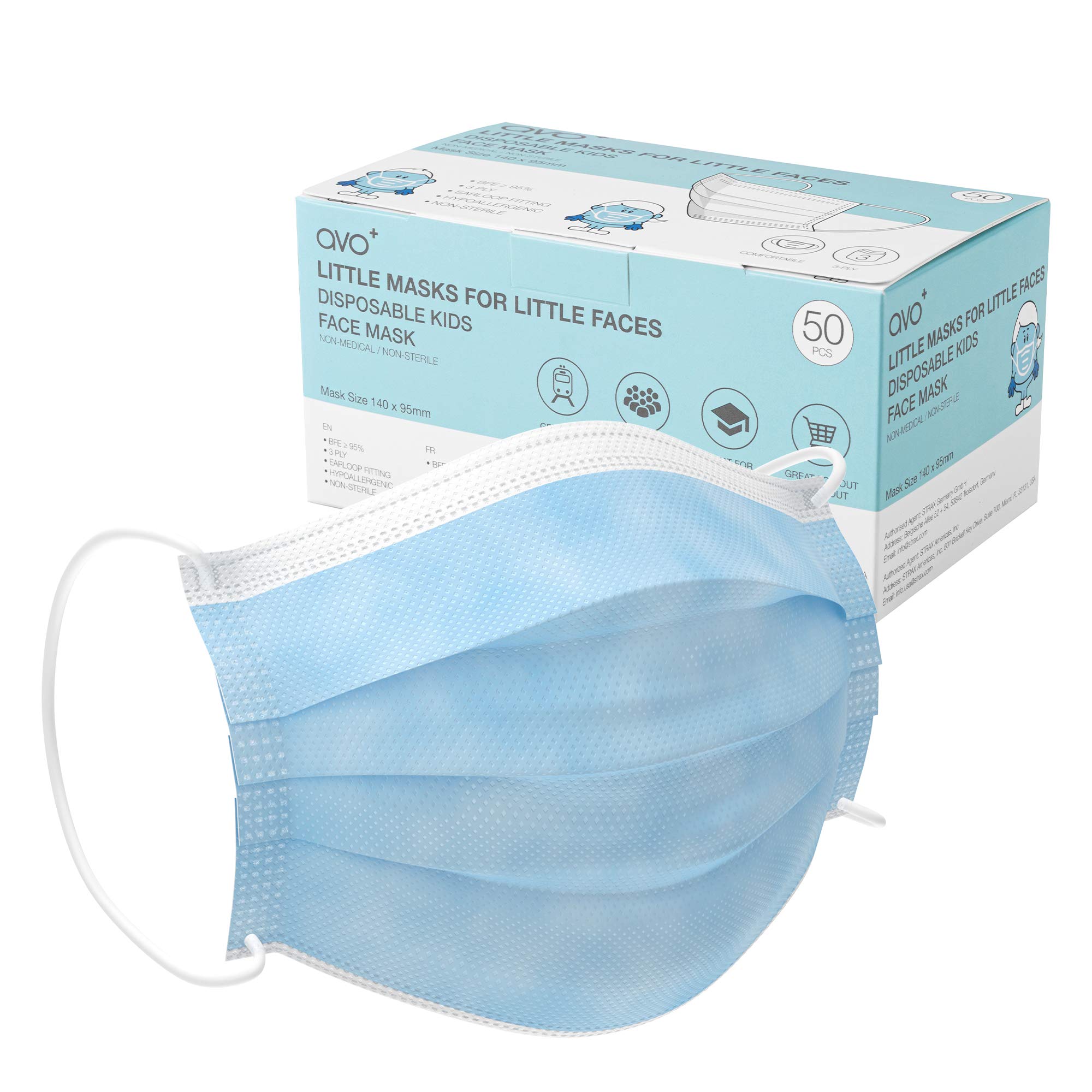AVO+ Children's Disposable Face Masks, Pack of 50, Children's Face Masks for Children 4 Years and Older, 3 Layer Filter, B...