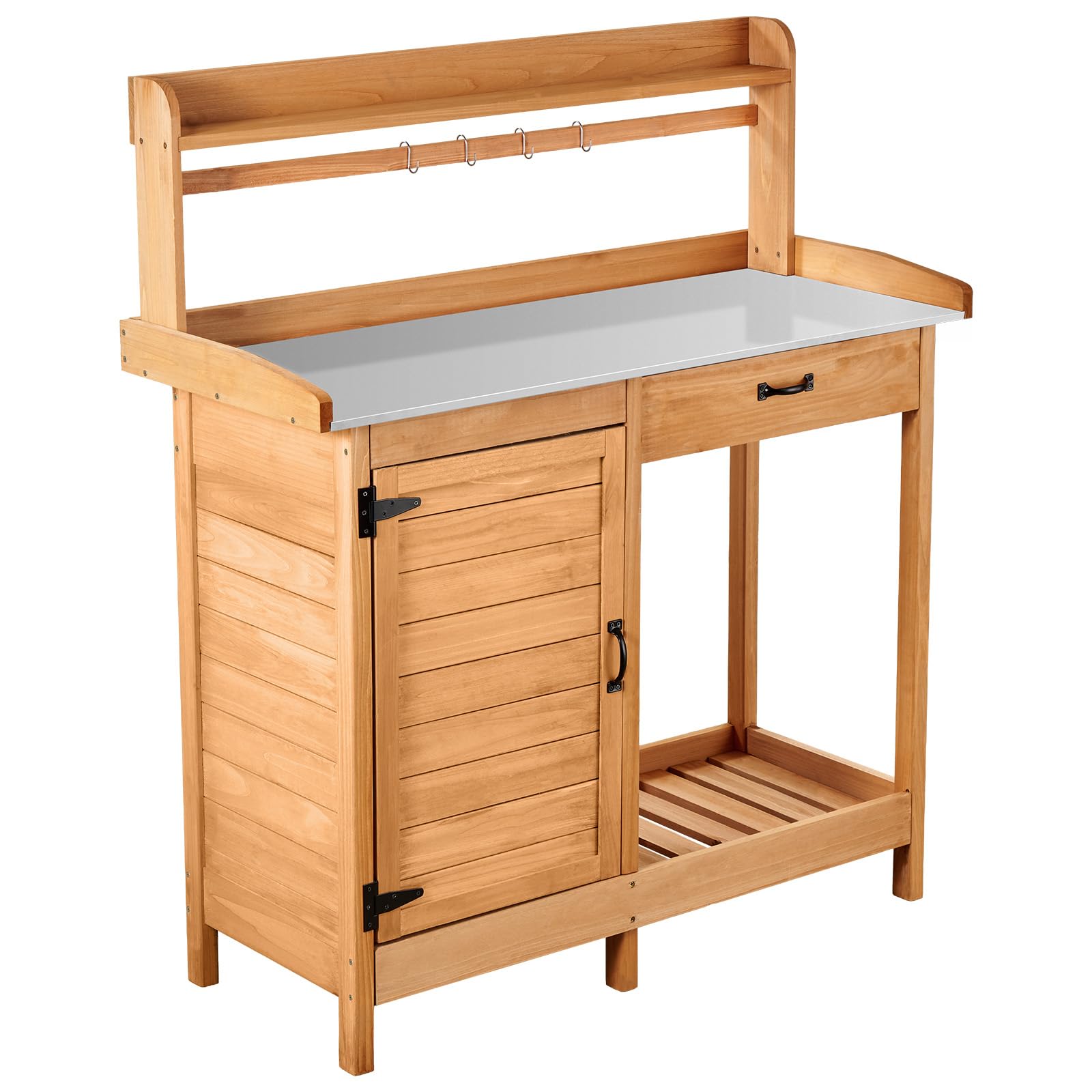 VEVOR Armadietto Banco per Giardinaggio, Postazione di Lavoro in Legno per Esterni con Piano in Ferro Zincato da 112 x 46,5 cm, con Cassetto, Mobiletto Portaoggetti e Ripiani, Ganci per Patio