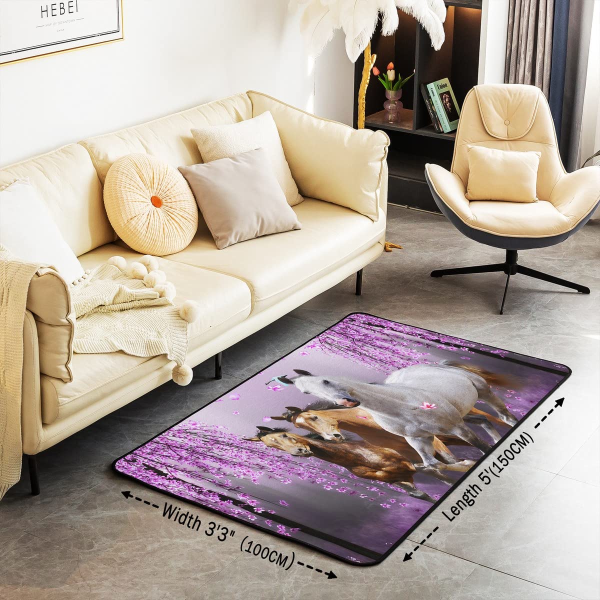 Homemissing Horse Area Rug 100x150cm Galloping Horse Rugs Mat For Living Room Bedroom Cherry Blossoms Decor Carpet Non Slip Area Runner Rug - Image 3