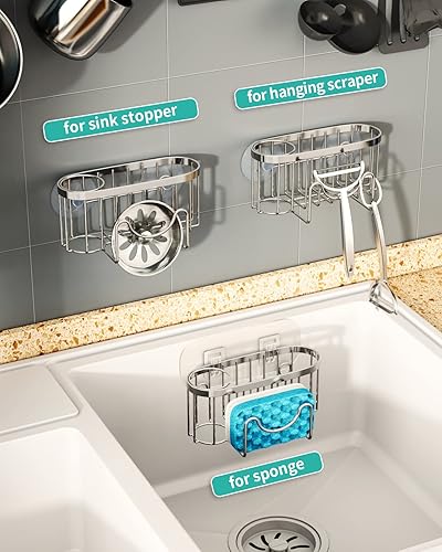 Miniatura 3 de HapiRm Soporte de esponja para fregadero de cocina con forma de M única, dos métodos de instalación, soporte de esponja con soporte para cepillo,